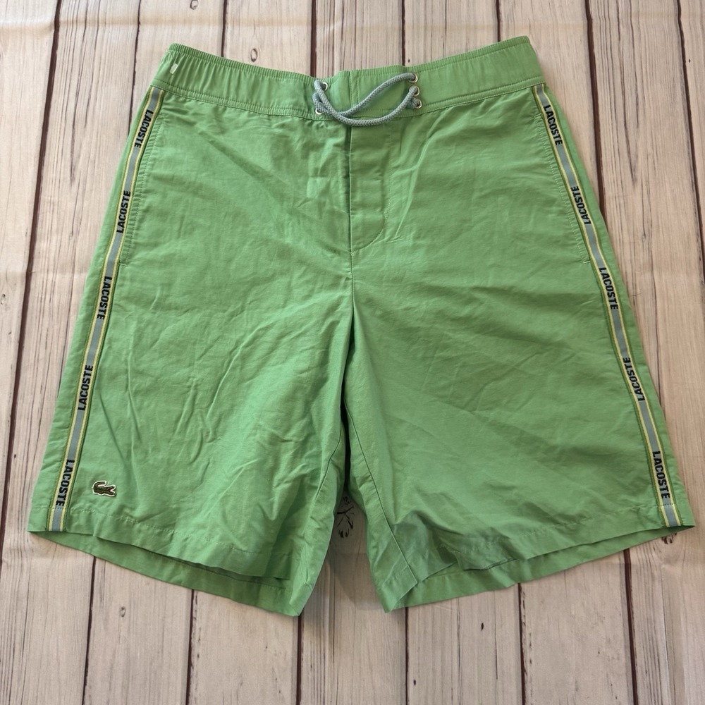 LACOSTE Size 3 Seafoam Green Swim Trunks w/ Spell Out Sides and Logo‎